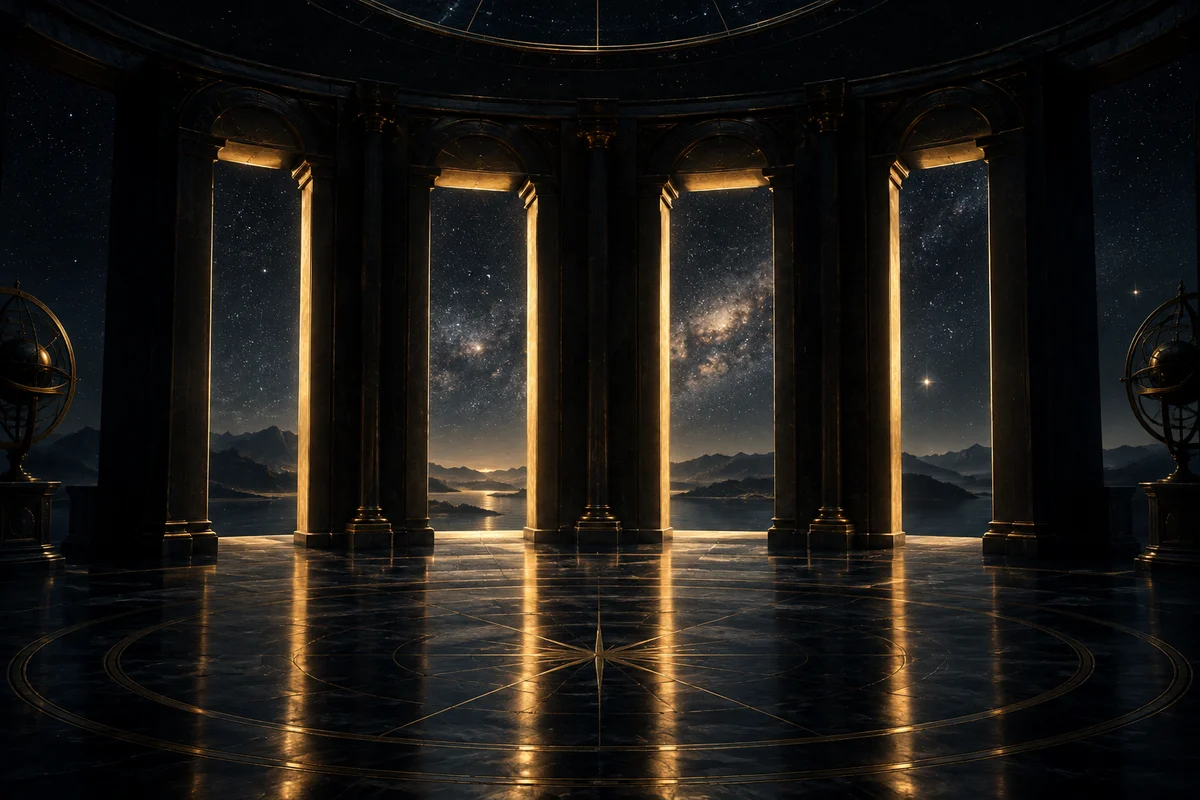 Four illuminated cosmic doorways beneath a star-filled sky