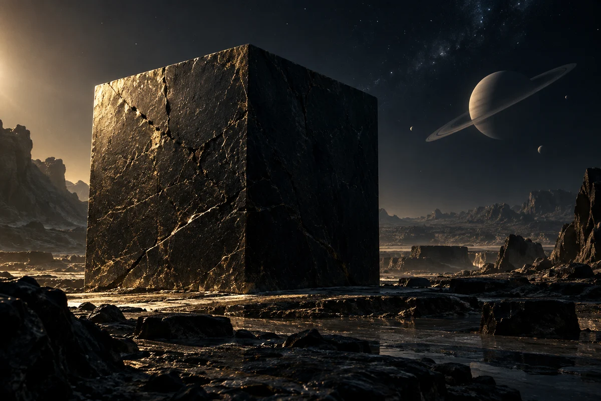 A monumental black stone cube under a distant view of Saturn
