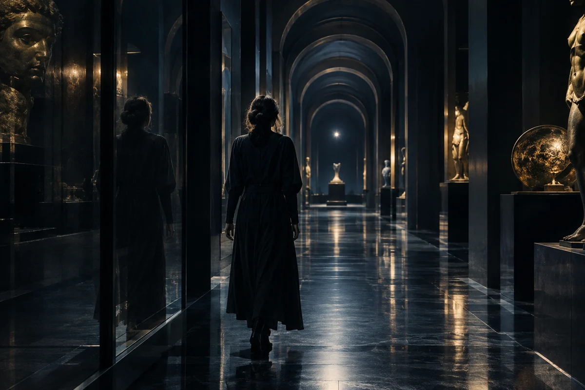 A person and a reflected double walking through a repeating museum corridor