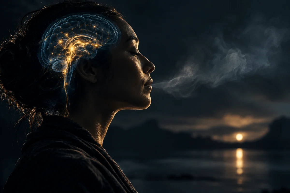 A calm human profile with a softly illuminated brain and visible breath