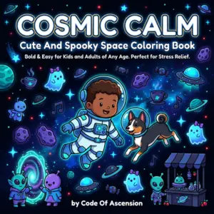 Alt text: COSMIC CALM cute and spooky space coloring book cover featuring kid astronaut and dog in a galaxy