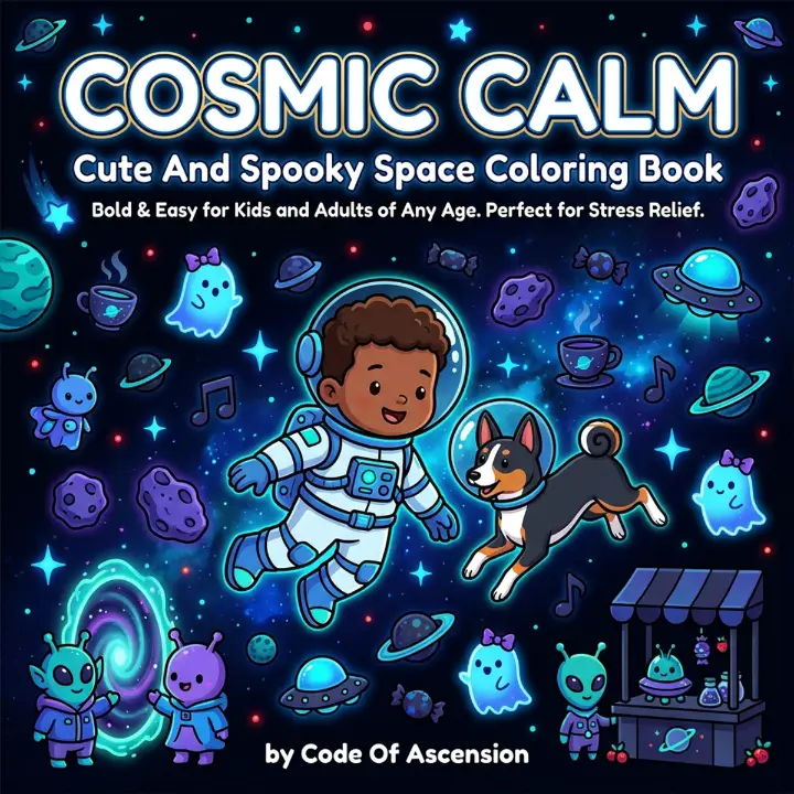 Alt text: COSMIC CALM cute and spooky space coloring book cover featuring kid astronaut and dog in a galaxy