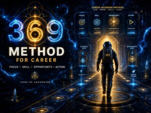 369 method career manifestation image with an astronaut walking toward a glowing mission pathway dashboard