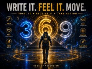 369 method closing image with an astronaut entering a luminous 369 portal and the phrase Write It Feel It Move