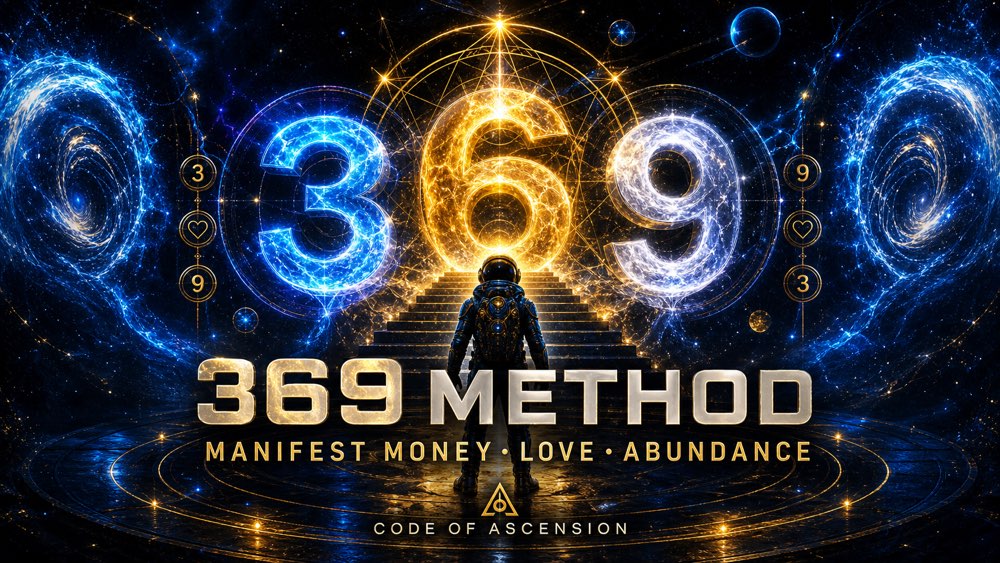 369 method explained hero image with a cinematic astronaut standing before a glowing 369 manifestation portal