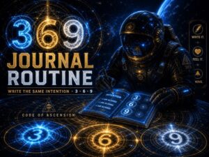 369 method journal routine image with an astronaut writing in a glowing cosmic journal
