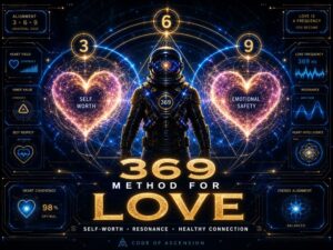 369 method love manifestation image with an astronaut between luminous heart energy fields