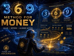 369 method money manifestation image with an astronaut facing a gold holographic abundance dashboard