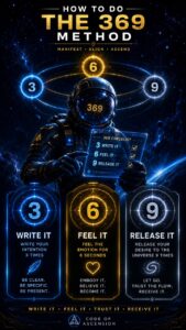 369 method step guide infographic with an astronaut using a holographic 3 6 9 checklist in space