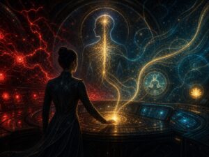 nervous system reset symbolism image showing a calm cosmic control room returning to safety