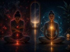 Two women meditating back-to-back; red fiery energy surrounds the left figure, blue calm energy surrounds the right, with a glowing arch between them.