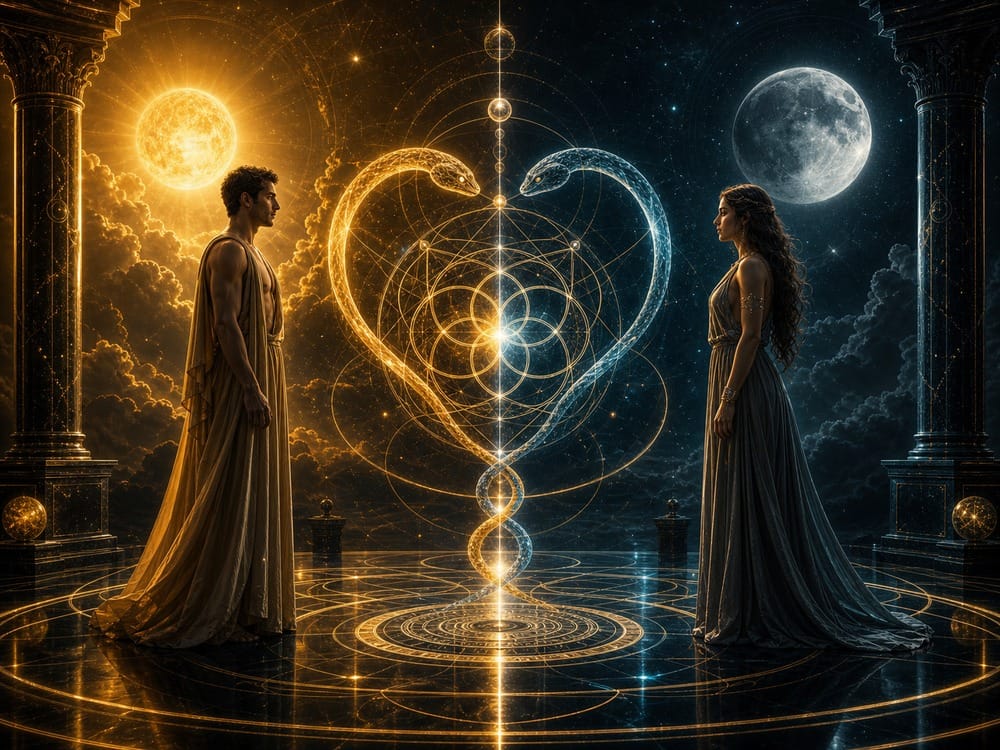 Two figures in flowing robes face each other on a glowing circular platform, with a bright geometric heart of light between them.
