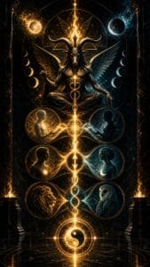 Baphomet meaning infographic showing light and shadow, spirit and body, masculine and feminine balance