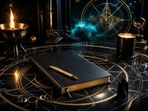Baphomet meaning CTA image with shadow work journal, golden torch light, and balance symbols