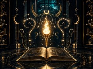 Baphomet meaning FAQ image with torch, question marks, moon symbols, and occult geometry