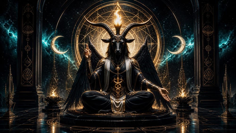 Baphomet meaning hero image with symbolic horns, torch, moons, and balanced esoteric geometry
