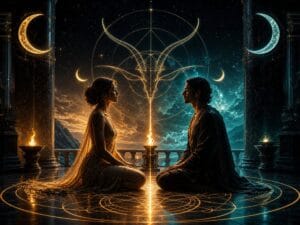 Two people kneel face to face on a glowing circular sigil between lit torches and tall pillars under a starry sky with moons.