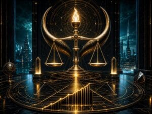 Ornate golden balance scales centered on a glowing circular altar with geometric rings; a futuristic city skyline glows in the background at night.