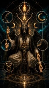 Horned, winged humanoid seated in a glowing geometric ritual circle, wearing ornate robes and a snake belt, framed by crescent moons and golden circles.