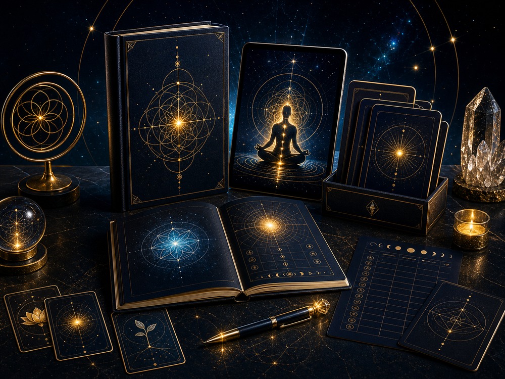 Mystical fortune-telling setup with dark blue oracle cards and glowing gold geometric diagrams on a starry desk, including an open book and pen.