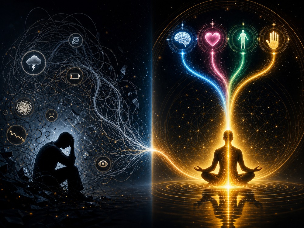 Split scene: a distressed silhouette surrounded by tangled lines and floating icons on the left, and a meditating figure with luminous, multi-colored energy streams on the right.