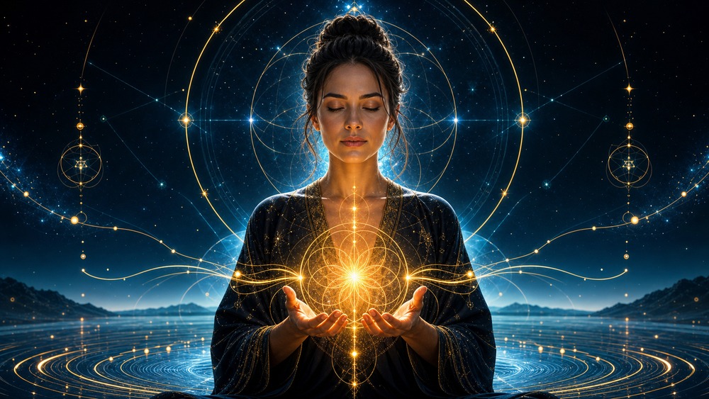 manifest money fast hero image with a grounded figure receiving golden abundance light