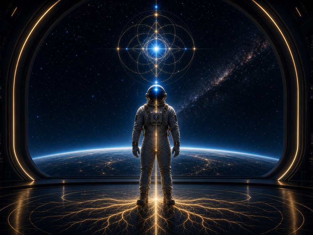 Astronaut standing on a lit futuristic platform, Earth below and a glowing geometric orb hovering above the helmeted figure.