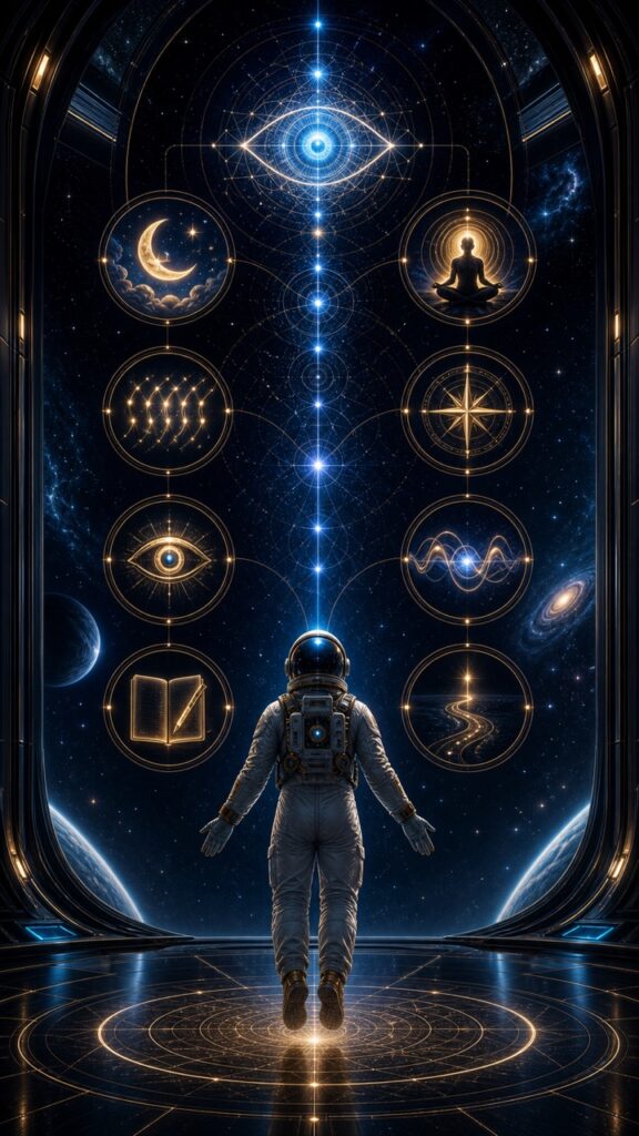 Astronaut stands on a glowing platform facing a wall of golden circular symbols and a blue vertical beam in a cosmic chamber.