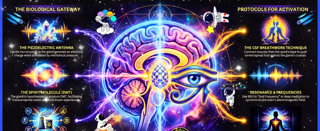 Pineal gland activation diagram illustrating third eye activation, calcification, frequencies, and meditation techniques