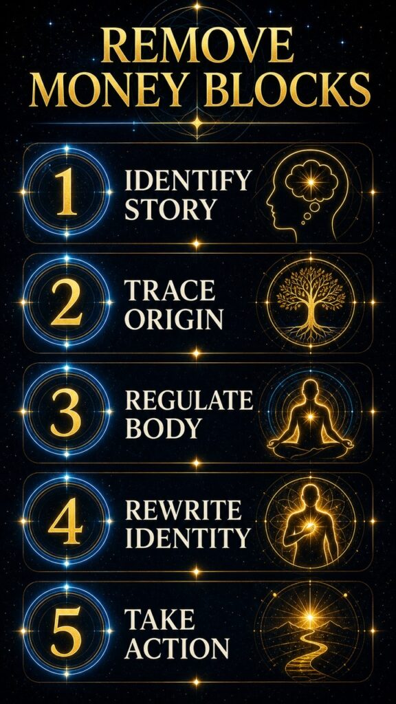 money blocks step by step infographic for identifying releasing and rewriting scarcity beliefs