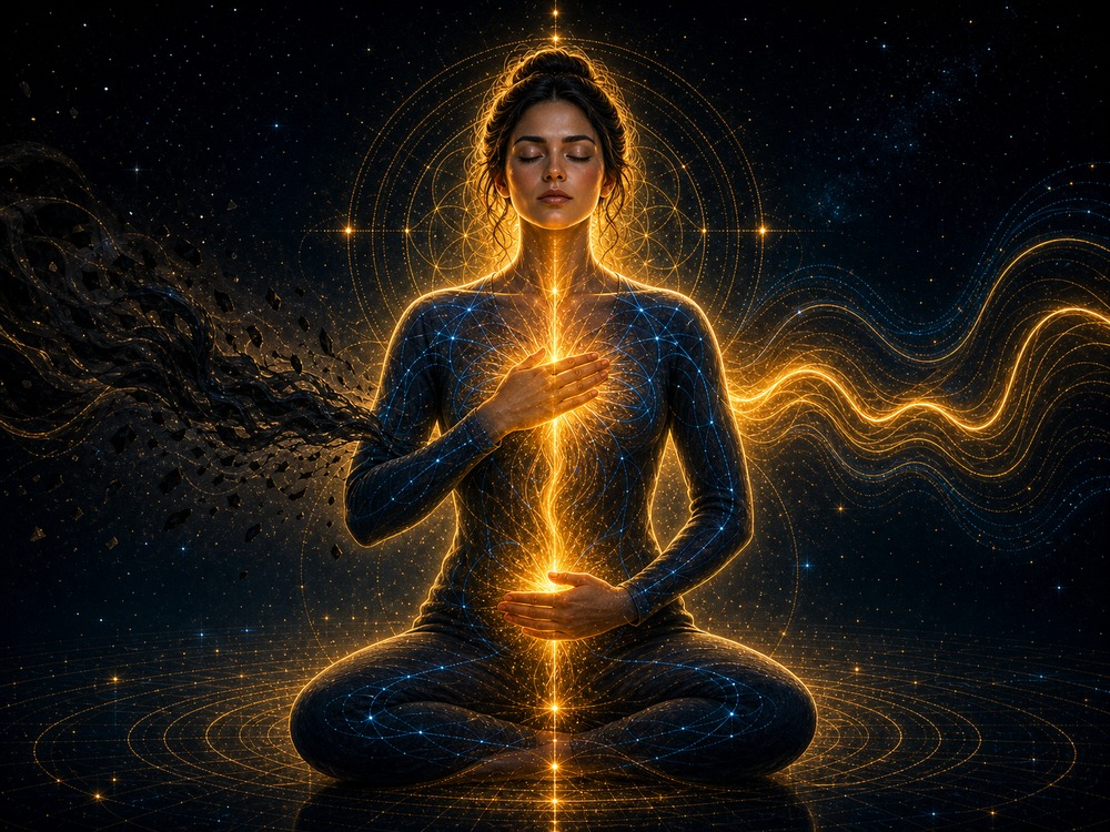 Person in a seated lotus pose meditating, with glowing golden energy radiating along the body against a starry cosmic background