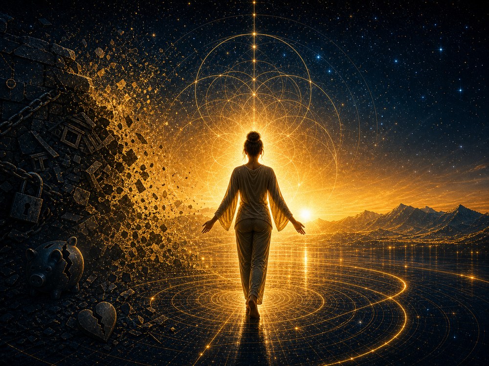 Person walking toward a radiant golden light framed by geometric circles, symbolizing transformation and enlightenment.