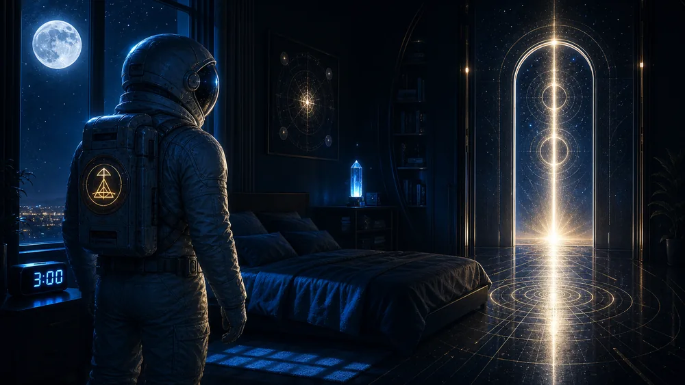 3AM spiritual meaning hero image with COA astronaut host beside a moonlit bedroom window and glowing 3AM clock
