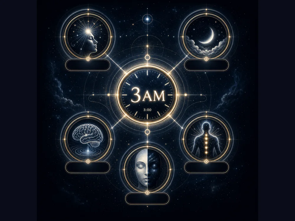 Central 3AM clock at the center, connected to five glowing circular panels showing a head, a crescent moon, a brain, a back with spine, and a serene two-faced portrait.