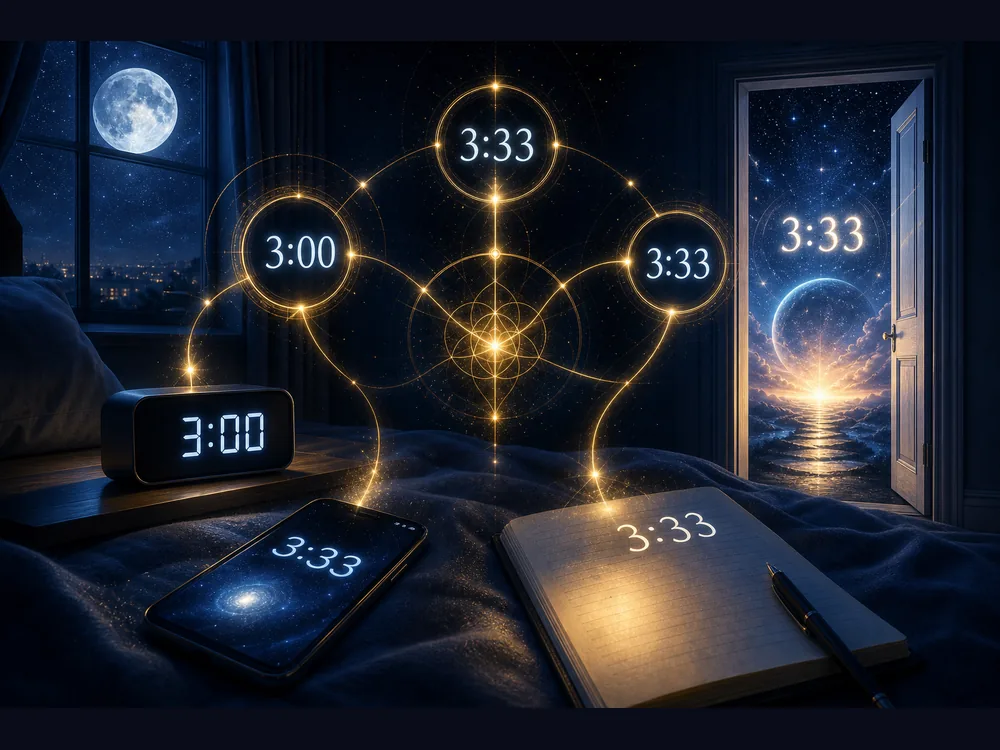 3AM and 3:33 symbolism image with clock phone journal and dream doorway synchronicity signs