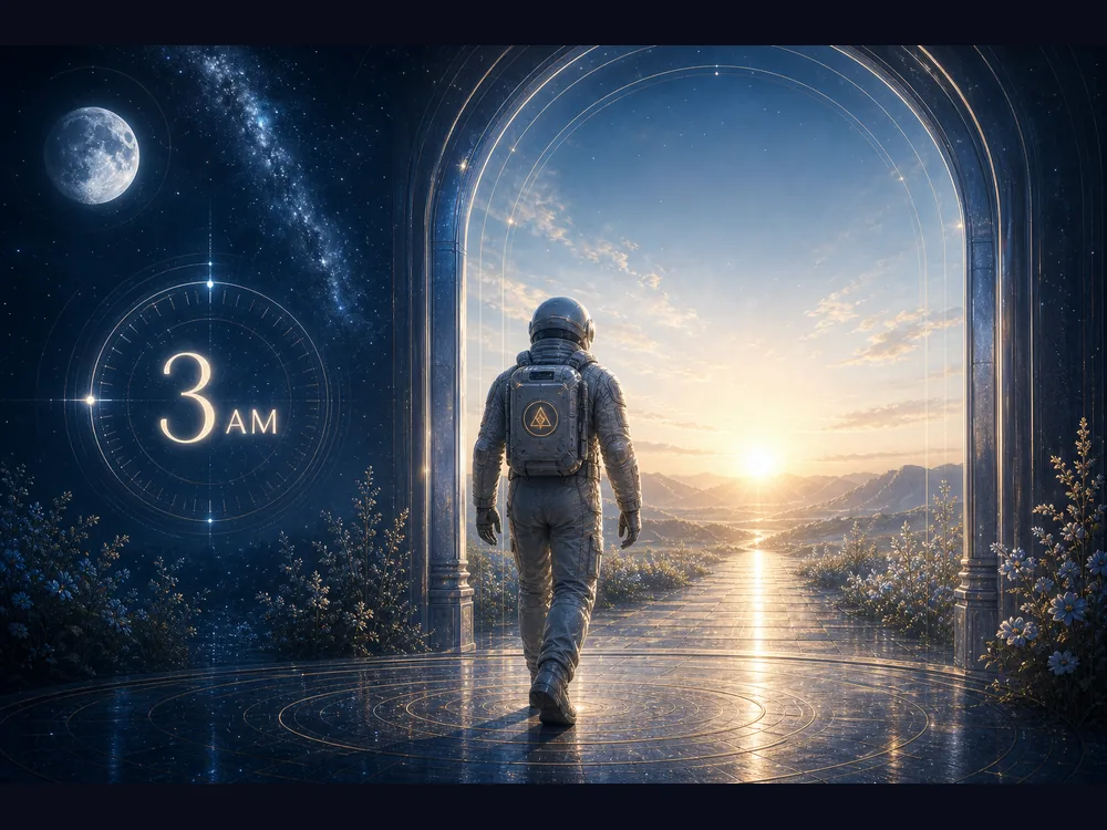 3AM meaning closing image with COA astronaut host walking from moonlit threshold into dawn light