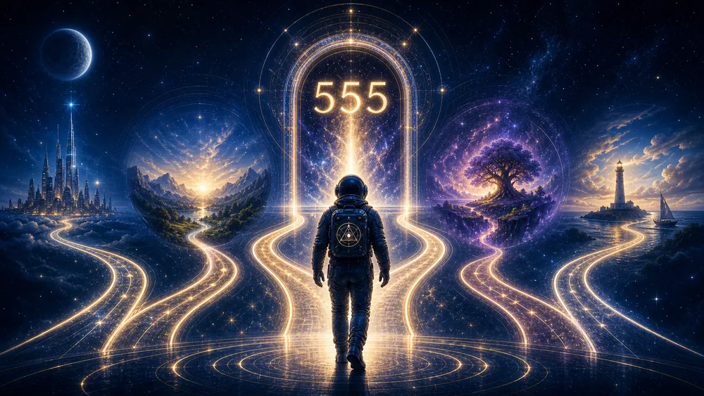 555 meaning hero image with COA astronaut host at a luminous timeline doorway and glowing 555 symbol