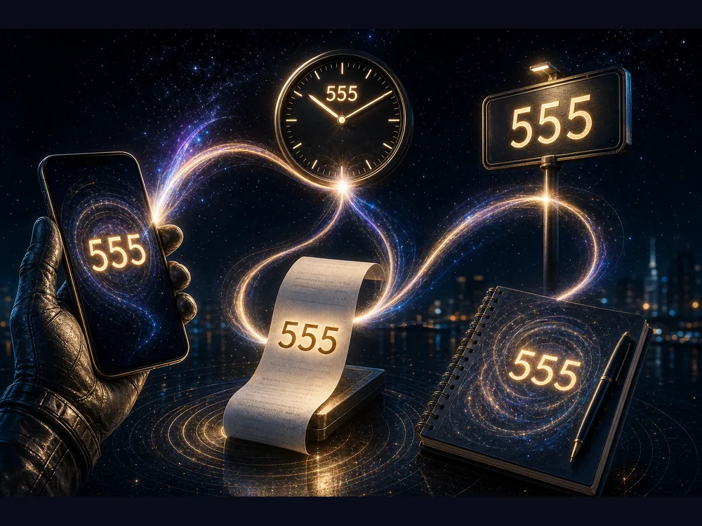 555 appearing on phone receipt clock street sign and notebook as change synchronicity signs