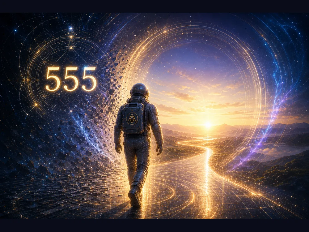 555 meaning closing image with COA astronaut host walking into a dawn-lit new timeline