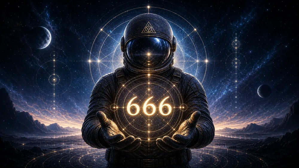 666 meaning hero image with COA astronaut host, luminous 666 symbol, and sacred geometry showing fear clearing and realignment
