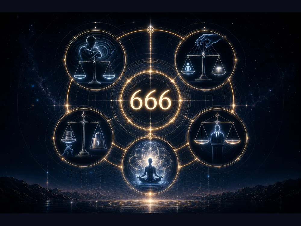 Central glowing 666 with five circular panels around it showing justice scales, a meditating figure, a hand guiding scales, a person at a podium, and a vault with a lock in a starry cosmos.