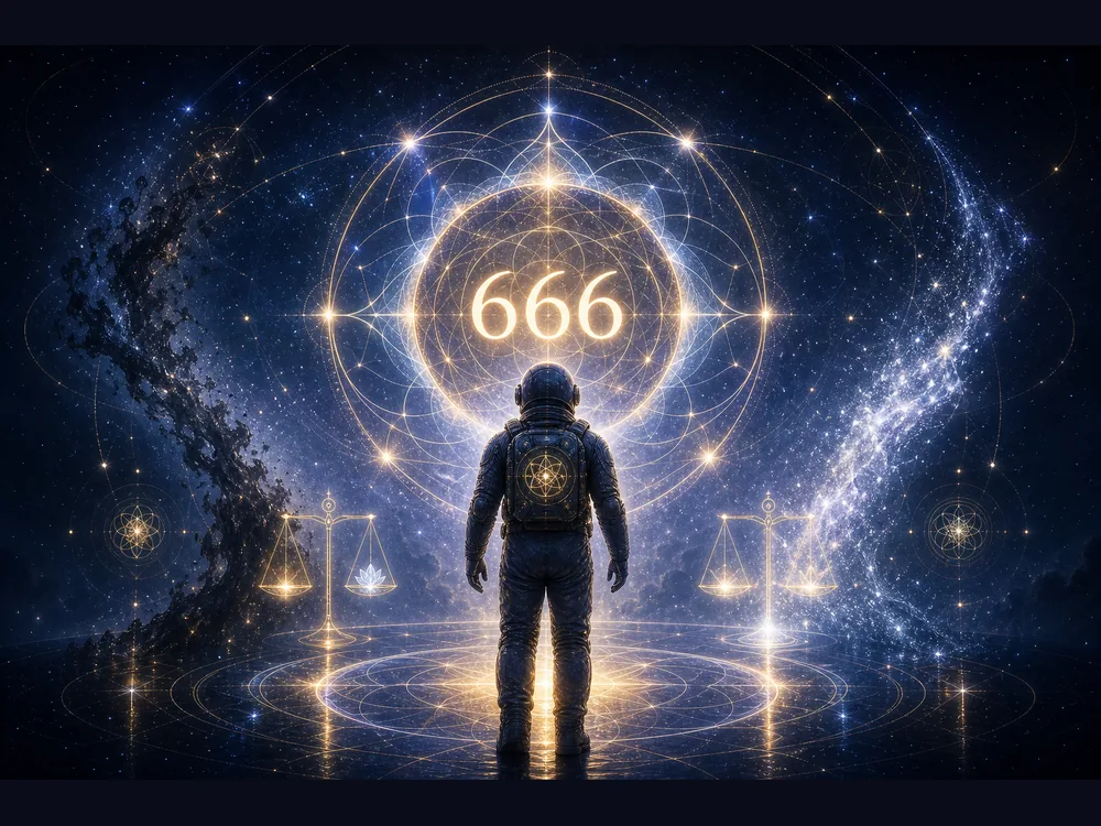 meaning of 666 closing image with COA astronaut host centered in luminous balance mandala as fear dissolves into clarity