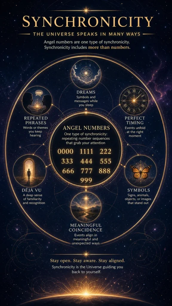 Infographic showing angel numbers as one type of synchronicity.