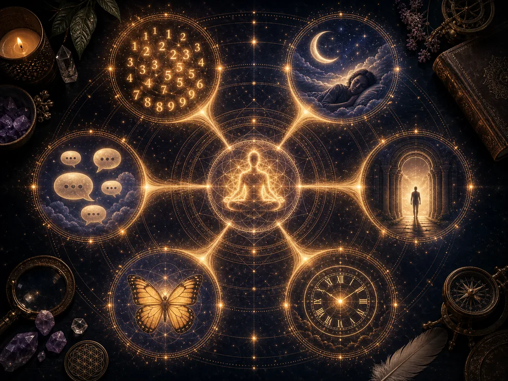 Symbolic map of numbers, dreams, repeated phrases, deja vu, and timing.