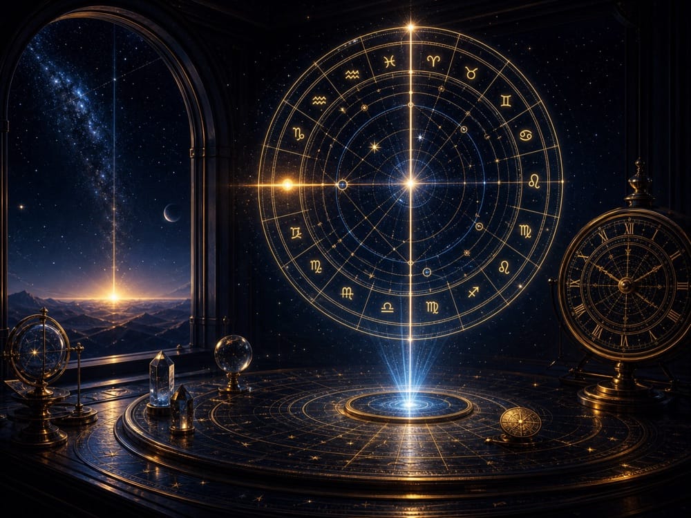 A glowing astronomical clock and zodiac wheel dominate a dark ornate chamber, with a bright beam rising from a central pedestal toward the sky.