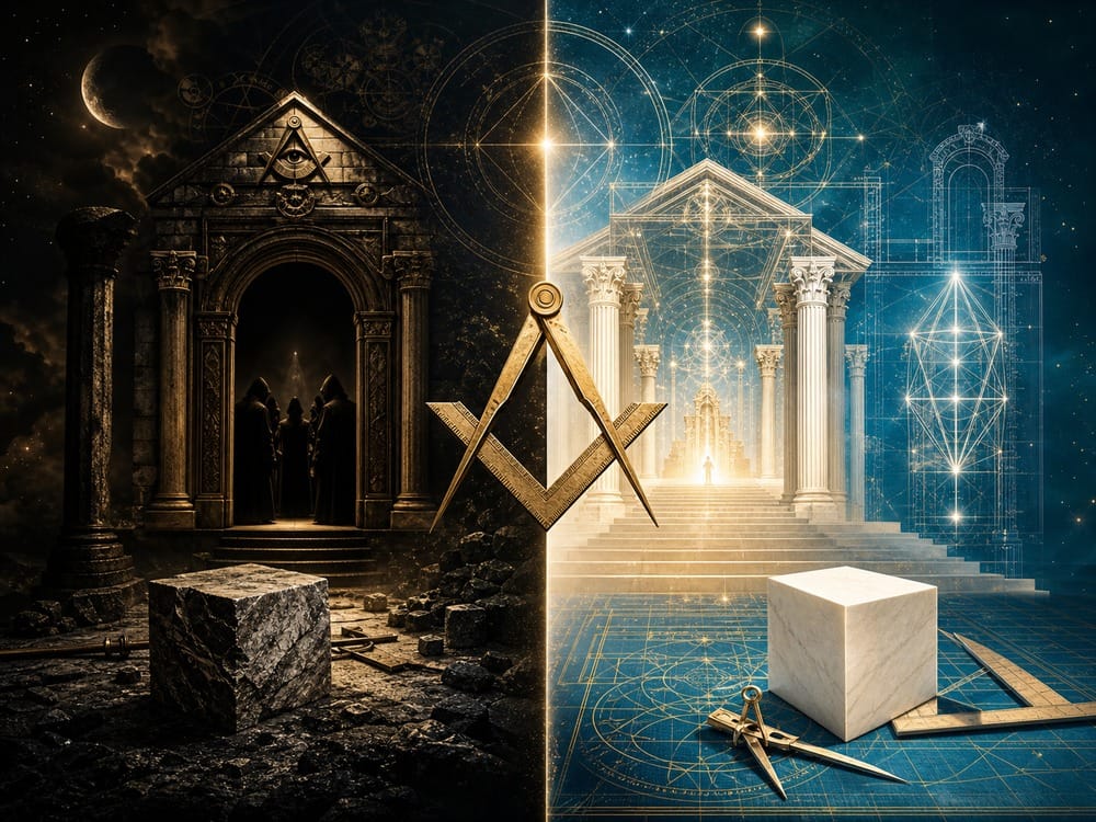 Split scene: left shows a dark ruined temple with hooded figures and a Freemason symbol; right shows a bright classical temple with geometric plans and light.