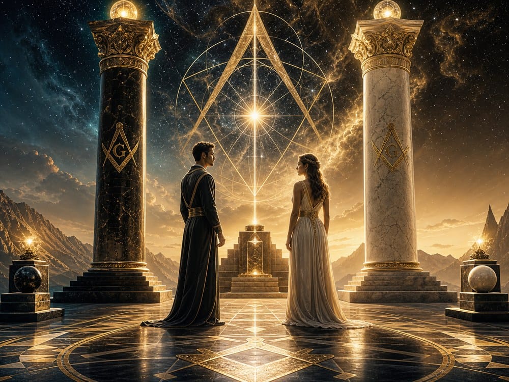 A man and woman in formal robes face each other on a marble platform before a glowing geometric altar between two ornate columns under a starry sky.