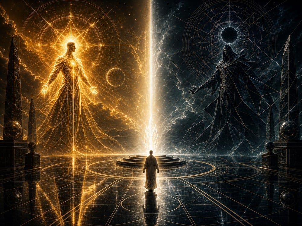 Lucifer vs Satan intro or meaning comparison image with symbolic light shadow discernment and spiritual meaning