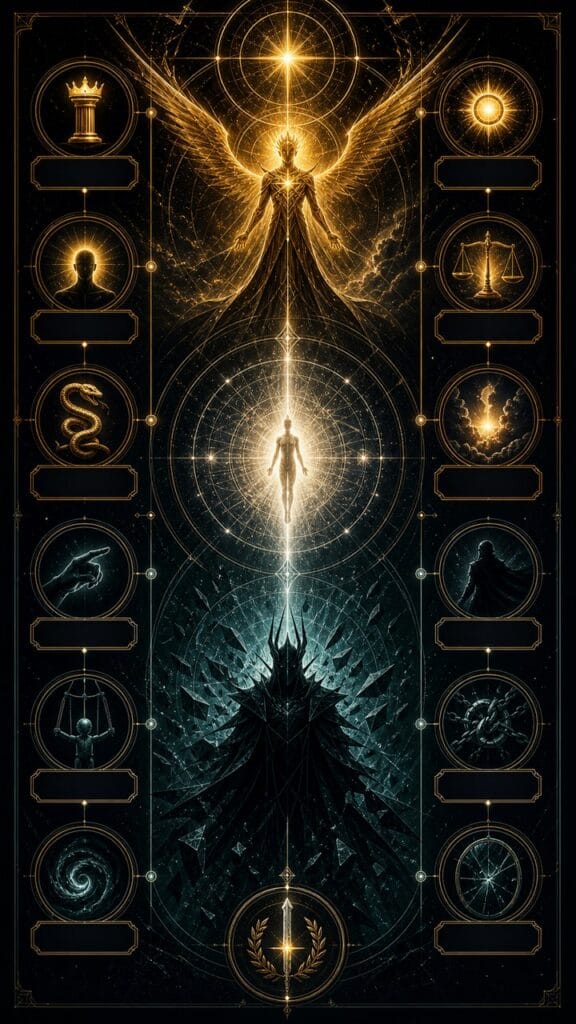 Lucifer vs Satan core concept infographic with symbolic light shadow discernment and spiritual meaning
