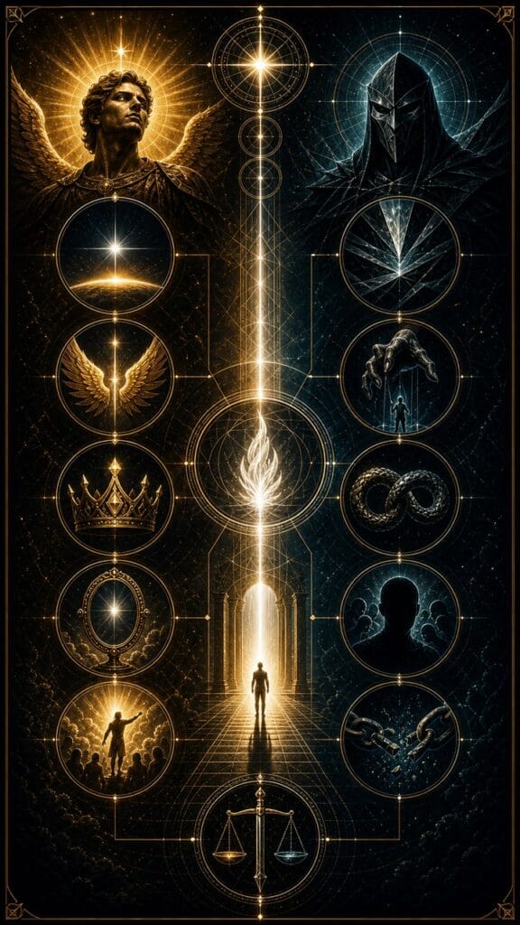 Symbolic, dual-sided scene with a golden angel on the left and a dark armored figure on the right, surrounded by circular geometric diagrams and a glowing vertical beacon, a doorway with a lone figure at center, and symbols of wings, crown, infinity, chain links, and scales below.